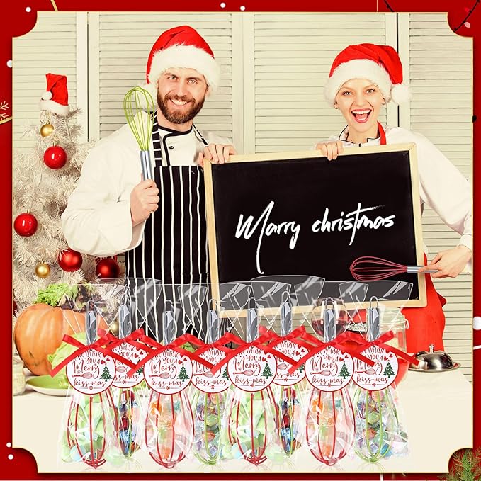 24 Sets 8 Inch Christmas Whisks Gifts DIY Fillable Christmas Tree Ornaments Xmas Colored Silicone Whisks for Cooking Heat Resistant Egg Beaters with Card Rope Bag for Candy Holder