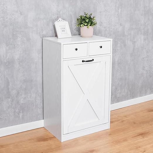 13 Gallon Tilt Out Trash Cabinet with 2 Drawers Wood Hidden Kitchen Recycling Cabinet Free Standing Pet Proof Trash Can Laundry Cabinet for Kitchen (White)