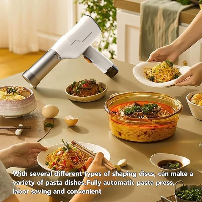 Electric Pasta Maker, Cordless 5-in-1 Noodle Maker Machine, Portable Handheld Pasta Press with Rechargeable Battery, Stainless Steel Pasta Maker for Homemade Spaghetti Ramen (US