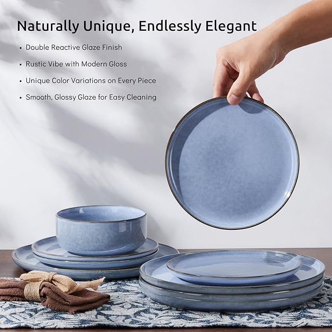 E-far 24-Piece Reactive Glaze Dinnerware Sets, Ceramic Dishes Set for 8, Stoneware Plates and Bowls Dinning Ware, Microwave & Dishwasher Safe - Ocean Blue
