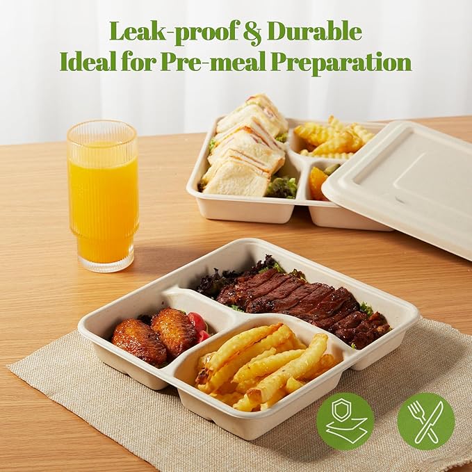 [100% Eco-Friendly] 3 Part Compartment Disposable Food Containers with Lids - Sugarcane Pulp Take Out Boxes, Biodegradable, Compostable, Microwave Safe Lunch Containers - Pack of 50 (Large)