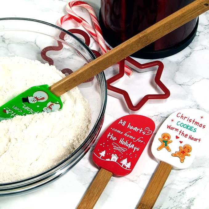 3 Piece Christmas Silicone Spatula Set with lovely bow and gift card. Easy clean, durable, high temperature and stain resistant with bamboo handles.