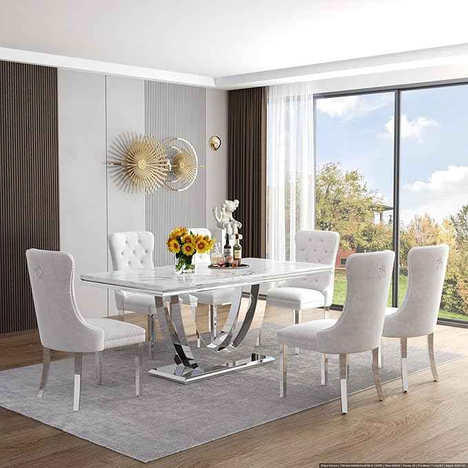 Marble Dining Table Set for 6,70" White Faux Marble Kitchen Tables and Velvet Chairs for 6,7 Piece Luxury Dining Room Table Set and 6 Upholstered Chairs with Silver Stainless Steel Bases