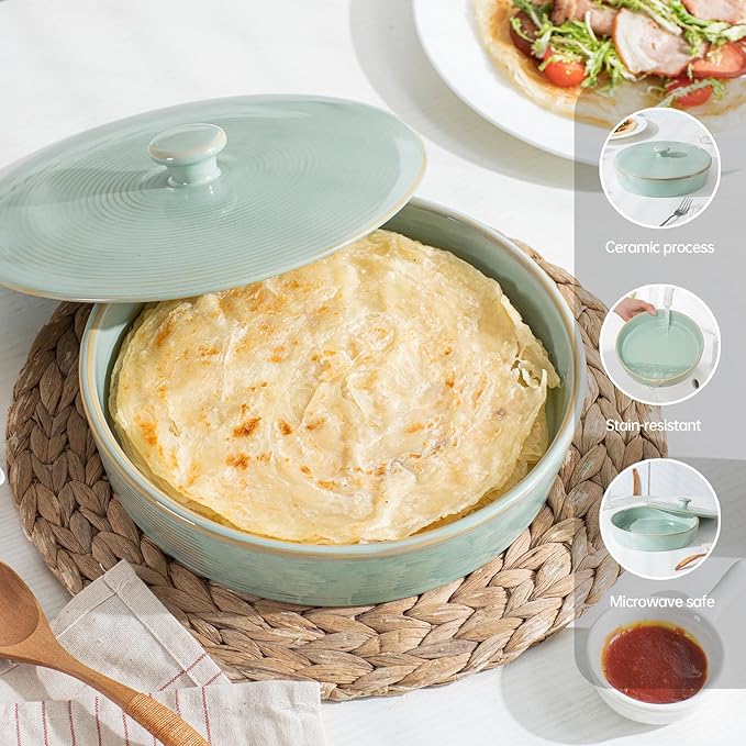 2 Pcs Tortilla Warmer, 9 inch Ceramic Tortilla Holder with Lids, Embossed Taco Holder Oven Microwave Safe, Green Pancakes Warmer for Taco, Pancakes, Waffles, Keep Tortillas Warm