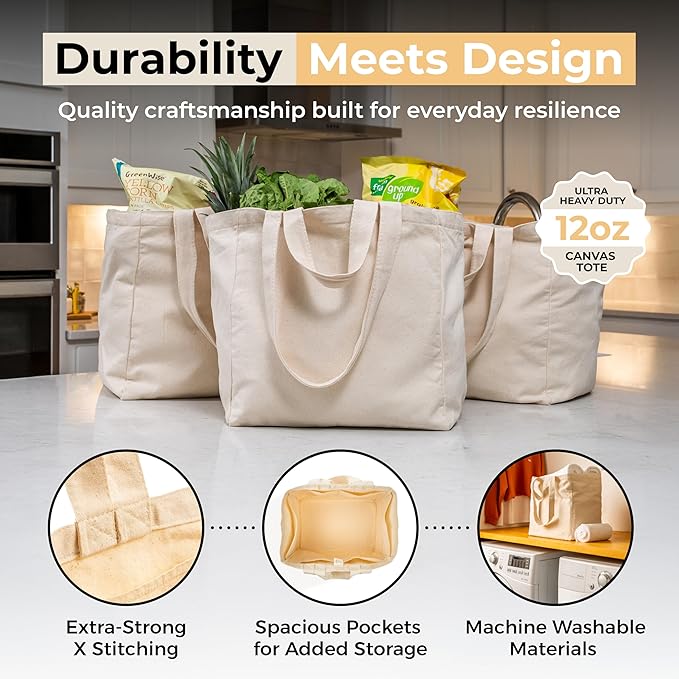 VeraMia Canvas Grocery Bag 3pc XL Set with Real Pockets, Long Shoulder Strap and Short Handle. Heavy Duty, Foldable, Washable