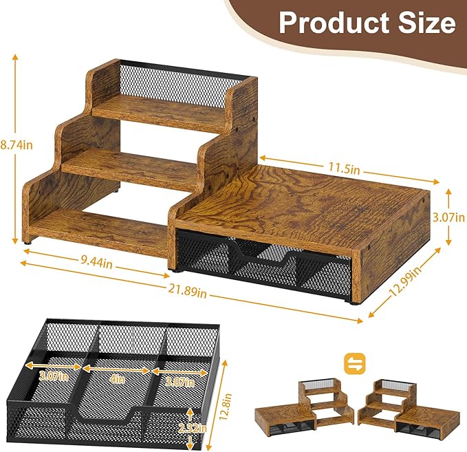 Coffee Station Organizer with K Cup Holder, 28 Pod Capacity,3-Tier Syrup Rack with Coffee Pod Holder Drawer, Coffee Bar organizer Countertop for Accessories,Rustic Brown