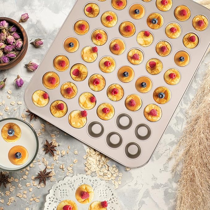 Beasea Nonstick Mini Muffin Pan 48 Cups, 2 Pack 48 Mini Small Tiny Cup Non Stick Muffin Baking Pan Tin Tray Carbon Steel Bakeware Individual Cupcake Baking Pan - Gold
