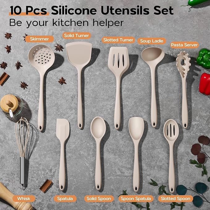 Onader Silicone Cooking Utensils Set of 10, Kitchen Utensils for Nonstick Cookware, Heat Resistant & Nontoxic Spatula Set- Khaki