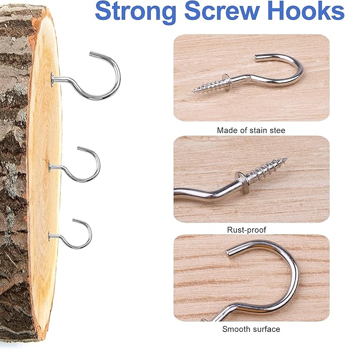 Screw Hooks, 75PCS Sliver Cup Hooks, Small Screw in Hook for Wood, Metal Srew in Hook for Hanging Mug Key and Garden Lights(6 Sizes)
