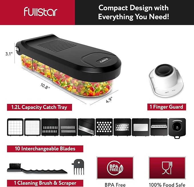 Fullstar Mandoline Slicer for Kitchen - Vegetable Chopper, Onion Potato Food Veggie Fruit Slicer and Cutter with Container, Kitchen Gadgets & Gifts, Home Essentials (10-in-1, White/Black)