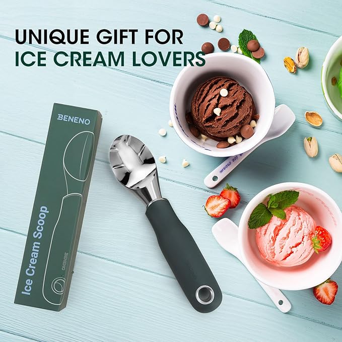 Beneno Heavy Duty Ice Cream Scoop - Upgraded Anti-Fracture Design, Comfortable Grip Long Handle, Effortless Scooping & Dishwasher Safe, Green
