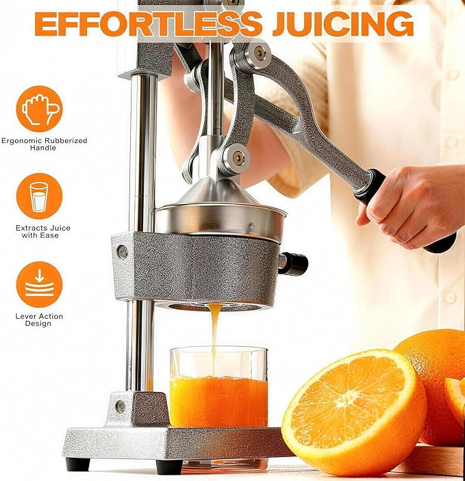 Cast Iron Citrus Juicer - 13.8LB Heavy Duty Manual Orange Press, 304 Stainless Steel Cup & Strainer, Professional Lemon Grapefruit Pomegranate Squeezer for Home Bar Kitchen, Grey
