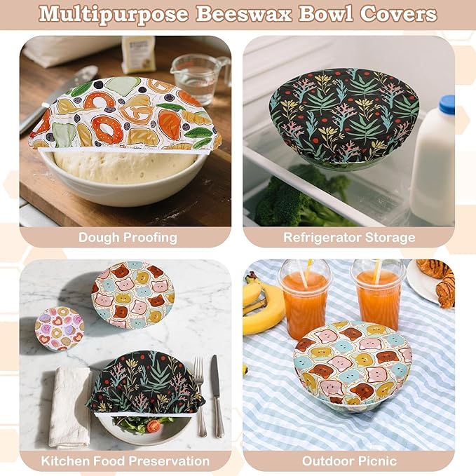 5-Size Reusable Beeswax Bowl Covers for Bread Proofing, Cotton Cloth Flexible Beeswax Wraps for Food Storage(Maple Leaves)