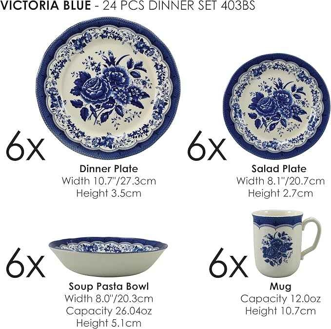 Tudor Royal 24-Piece Porcelain Round Dinnerware Set, Service for 6, Victoria Blue Design, Blue Floral, Plates Bowls Mugs Dishes, Glossy, Premium Quality Tableware, Unique Pattern