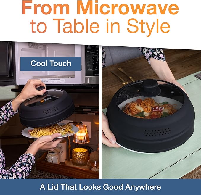 Mikro Innovations Glass & Silicone Microwave Splatter Cover – Tall and Collapsible Design that fits 6-10.5in Plates and Bowls - Space Saving, BPA Free & Dishwasher Safe (1, Black, large)