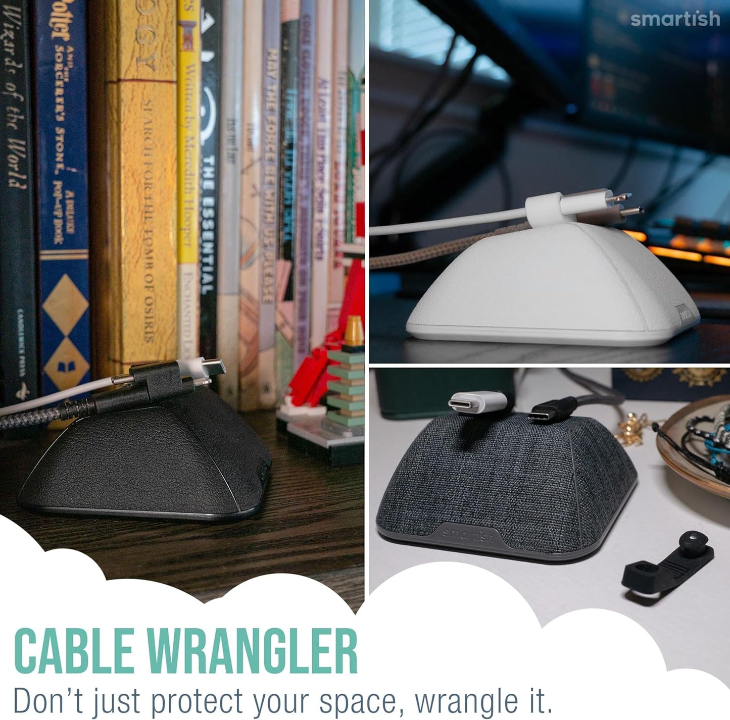 Smartish® Magnetic Cord Holder - Cable Wrangler Organizer with Magnet Clips for Charger Management on Desktop, Nightstand, or Side Table for All Cables, USB-C, Lightning Cables - Black Tie Affair