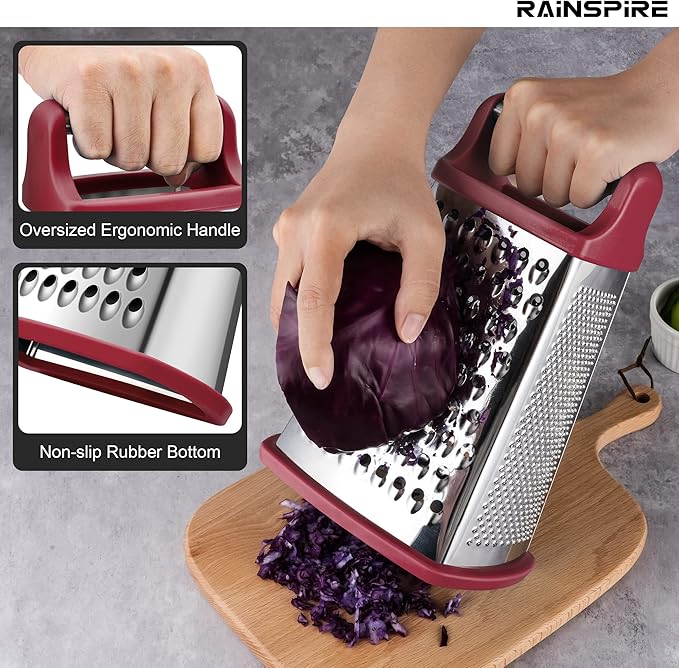 Rainspire Professional Box Grater, Cheese Grater Box for Kitchen Stainless Steel with 4 Sides, Cheese and Spice Graters with Handle for Vegetables, Ginger, Potatoes, Red