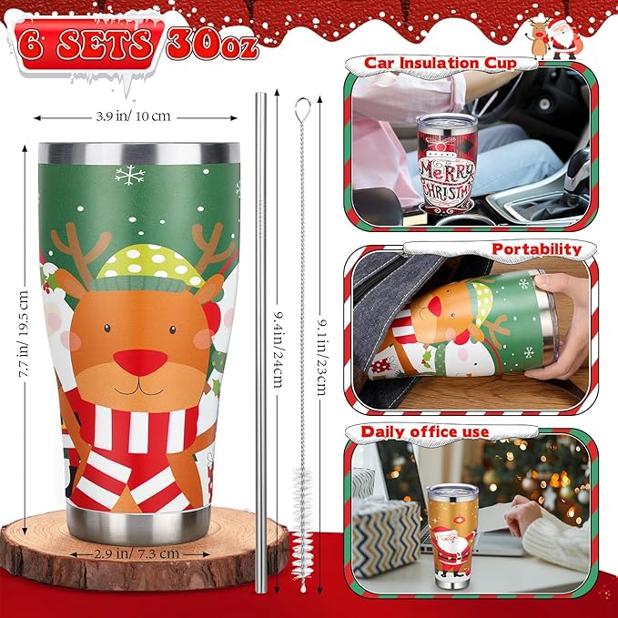 Mifoci 6 Pcs Christmas Tumblers 30oz Stainless Steel Christmas Travel Coffee Cup Double Insulated Vacuum Tumbler with Lid Straw Santa Claus Holiday Mug Gifts for Coworker Team Teacher(Classic)