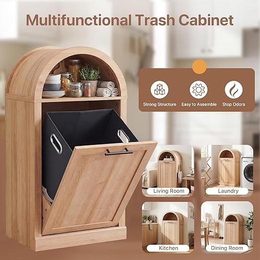 Seang Arched Tilt-Out Trash Can Cabinet,Laundry Hamper Cabinet with Foldable Laundry Basket,Wooden Hidden Garbage Can Cabinets with Metal Handle & Hooks,Natural