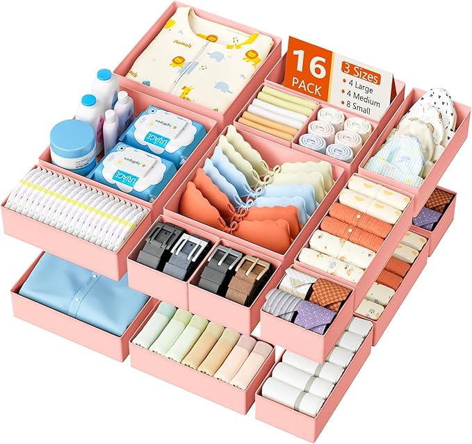 DIMJ Drawer Organizer Clothes - 16 Pack Baby Dresser Organizer for Nursery, Foldable Drawer Organizer Bins for Closet Bedroom Organization, Fabric Clothes Storage Dividers for Underwears, Socks, Bras