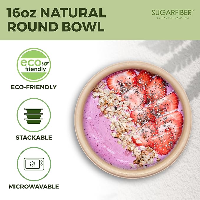 [125 Count]Harvest Pack Compostable Paper Bowls, 16oz PFAS FREE Round Biodegradable Bowl, Heavy-Duty Eco-Friendly Disposable, Sugarcane Bagasse Natural plant fibers Takeout, Alternative to Plastic