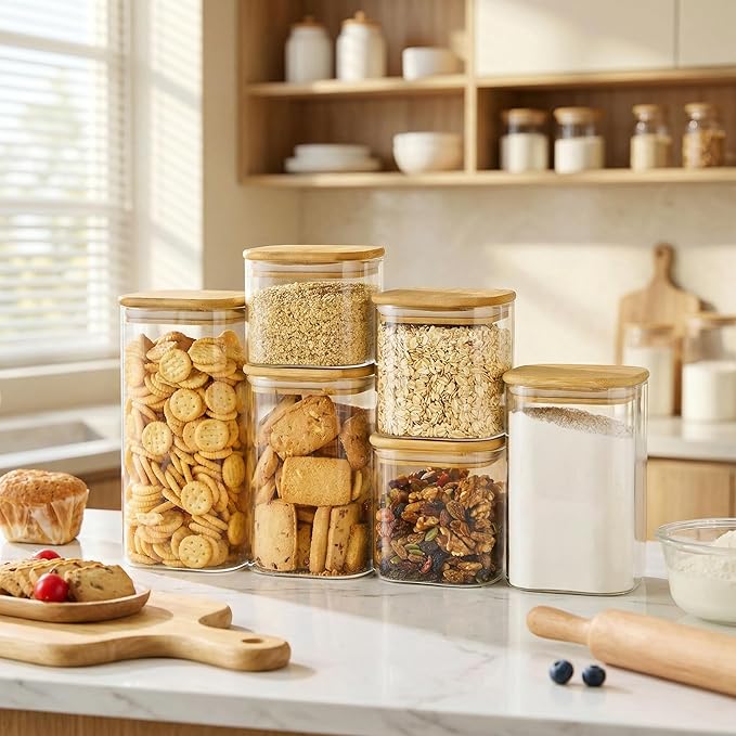 21oz - 4 Pack Square Glass Jars with Bamboo Lids, Glass Food Storage Containers with Airtight Lids, Air Tight Pantry Storage Containers for Coffee, Sugar, Spice, Meal Prep Jars for Salad & Fruit