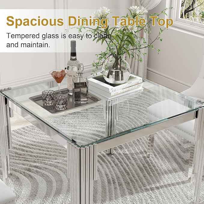 AF ARTISAN FURNITURE 37'' Square Glass Dining Table Set for 4, Kitchen Table Chairs Set of 4, Clear Silver Glass Dining Tables with Stainless Steel Legs, 4 Grey PU Dining Chairs, Living Room, Kitchen
