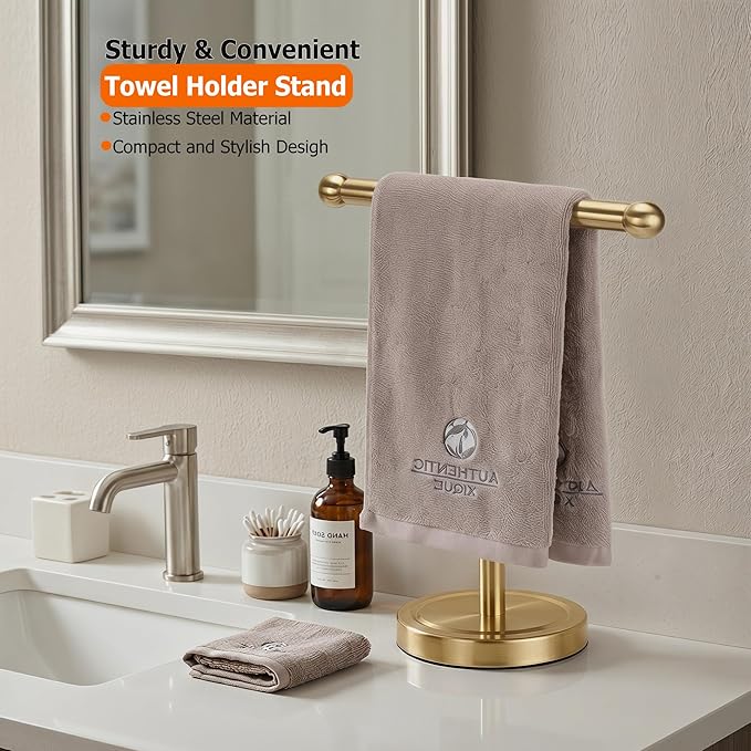 Gold Hand Towel Holder Stand with Heavy Stainless Steel Base, T-Shape Towel Rack, Free-Standing Towel Holder Countertop for Bathroom (Brushed Gold)