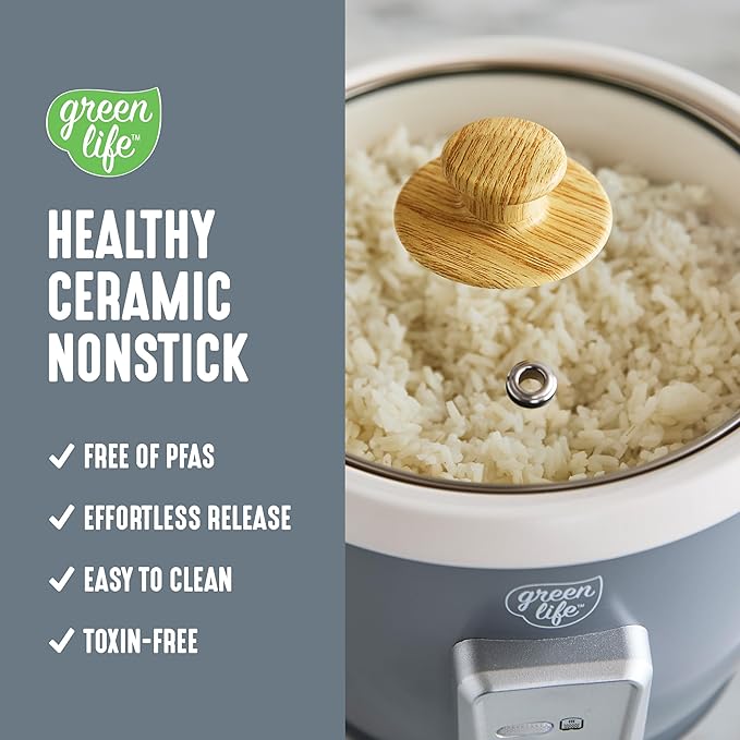 GreenLife Rice Cooker with Removable PFAS-Free Ceramic Nonstick Pot, 3-Cups Uncooked/6-Cups Cooked, Grains & Oatmeal Multicooker, Compact One-Switch Design, Auto Keep Warm, Easy Clean, Gray