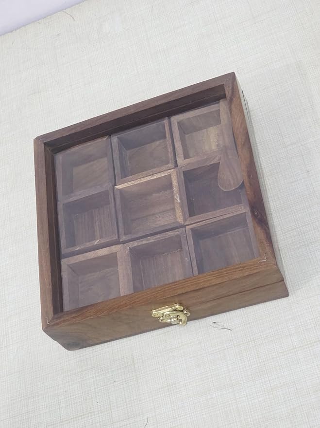 Wooden Spice Box with Glass Lid, 9 Compartment Masala Storage Container with Spoon, Hand Crafted Kitchen Organizer, 8x8 Inches