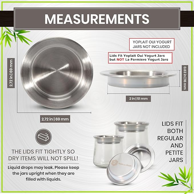 Oui Yogurt Jar Lids | Choose from Bamboo Designs, Silicone, or Metal, 4-24 pieces | Lids for Oui Jars | Oui Yogurt Lids | Yogurt Jar Covers for Regular & Petite Oui Pots - Stainless Steel 4 piece set