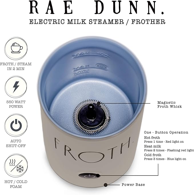 Rae Dunn Electric Milk Frother Steamer -Stylish Automatic Milk Steamer and Frother, Milk Warmer, Hot and Cold Foam Maker for Coffee, Latte, Cappuccino, Macchiato - 550 Watt (Sand)