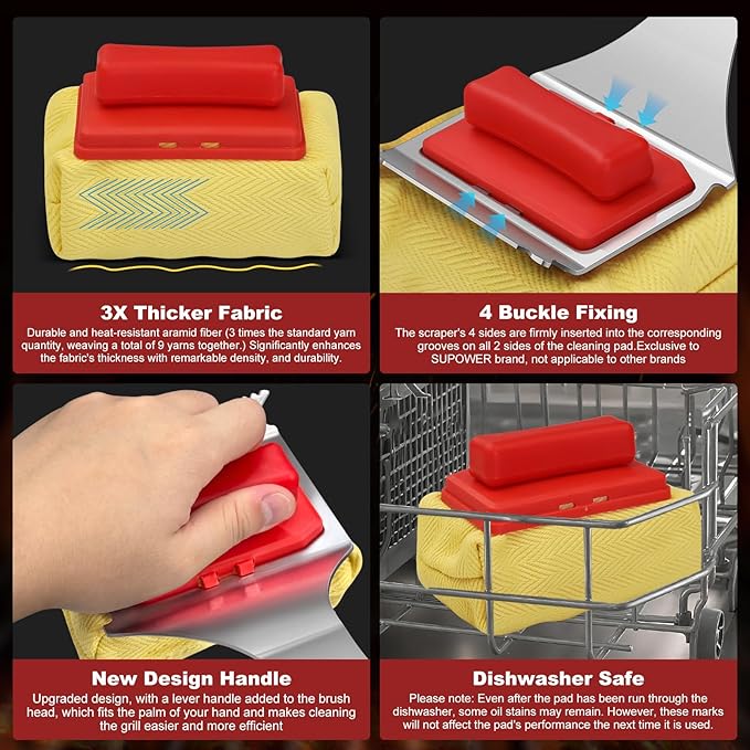 Steam Safe Grill Cleaning Brush Bristle Free for Outdoor Grill with 15" Extended Handle, 3X Thick Aramid Fabric Replaceable Brush Heads, Heavy Duty Triple-Groove Scraper Design for All Grates, Red