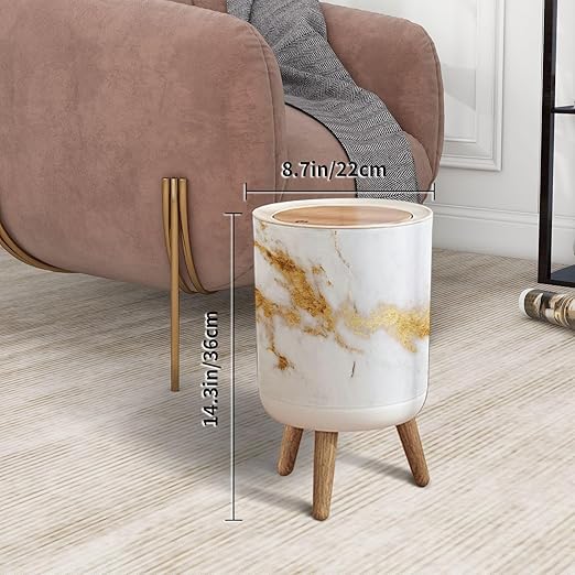 Trash Can with Lid White Gold Marble Texture Design Press Top Round Small Garbage Bin with Wooden Legs Waste Basket for Kitchen Bedroom Nursery 7L/1.8 Gallon