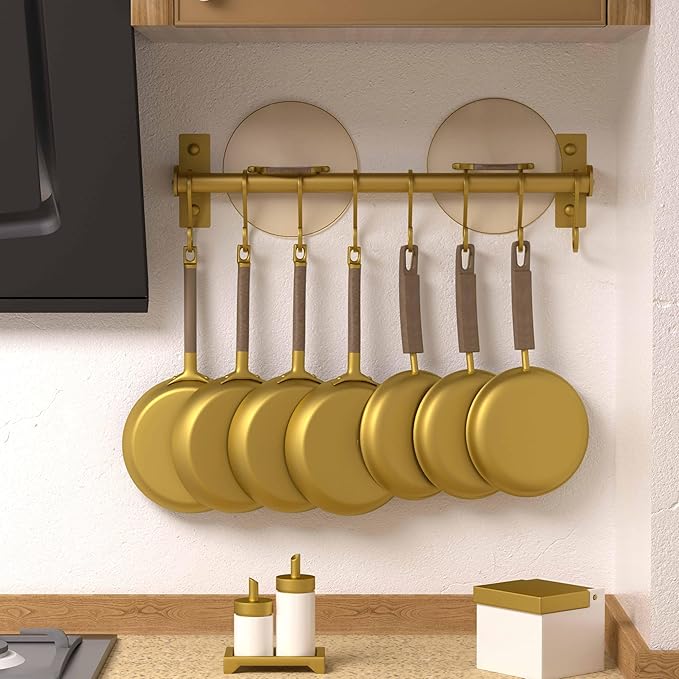 Dseap Kitchen Utensil Holder Hanger, Pot and Pan Rack Wall Mounted, Kitchen Rail with 8 Hooks for Hanging Cooking Utensils, Mugs, Spoons, Wall Mounted, Gold