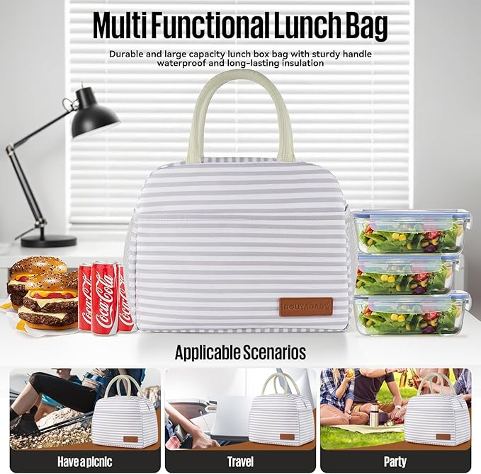 douyadady Lunch Bag Women/Men Lunch Box Women/Men (Grey+White Stripes)