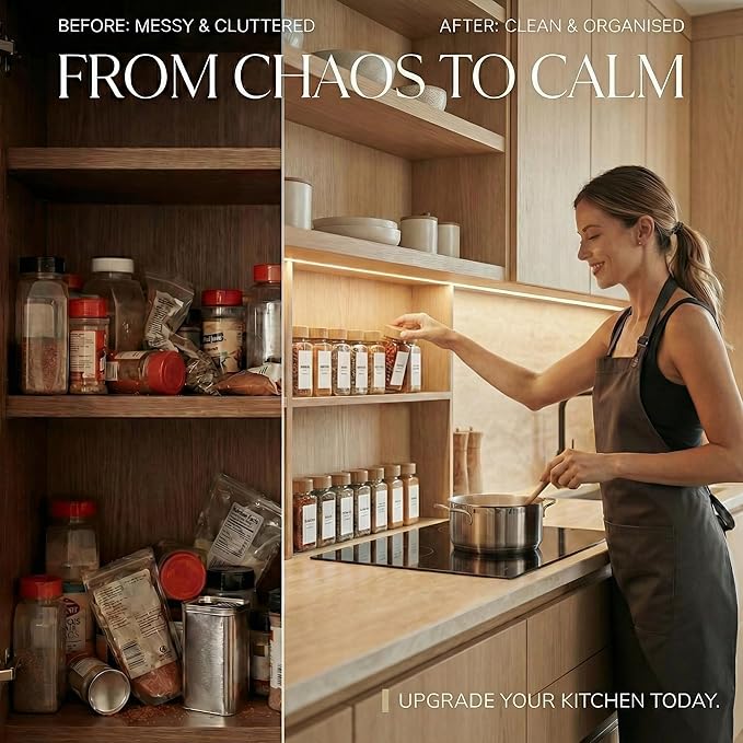 Glass Spice Jars with 360 Labels -24 pcs- 4oz- Spice Containers with Bamboo Lids -Shaker Lids- Pepper Grinder-Spice Organization for Cabinet-Drawer-Rack-Seasoning Organizer-Square bottles