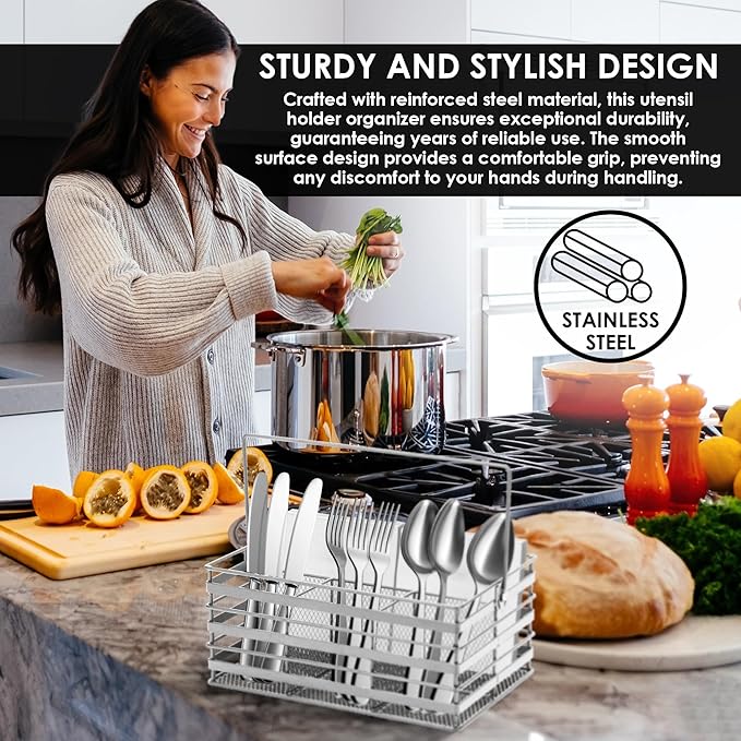 Stainless Steel Utensil Basket,Dishwasher , Flatware Basket, Kitchen, Countertop, Office, Camping, Outdoors, and Restaurants, 4-Compartment, Silver