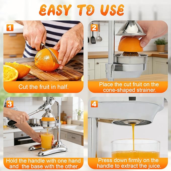 Manual Juicer, Hand-Pressed Effortless Citrus Squeezer, Heavy-Duty Professional Stainless Steel Juicer Suitable For Oranges, Lemons, Grapefruits Removable Filter Basket For Easy Cleaning