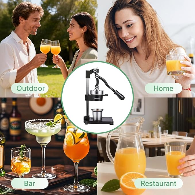 Cast Iron Juicer, 17"Tall & Sturdy Flat Base | Heavy-Duty Manual Hand Press Juicer For Orange Lemon Lime Pomegranate & Citrus, Orange Squeezer, Stainless Steel Cup, Easy to Clean, Black