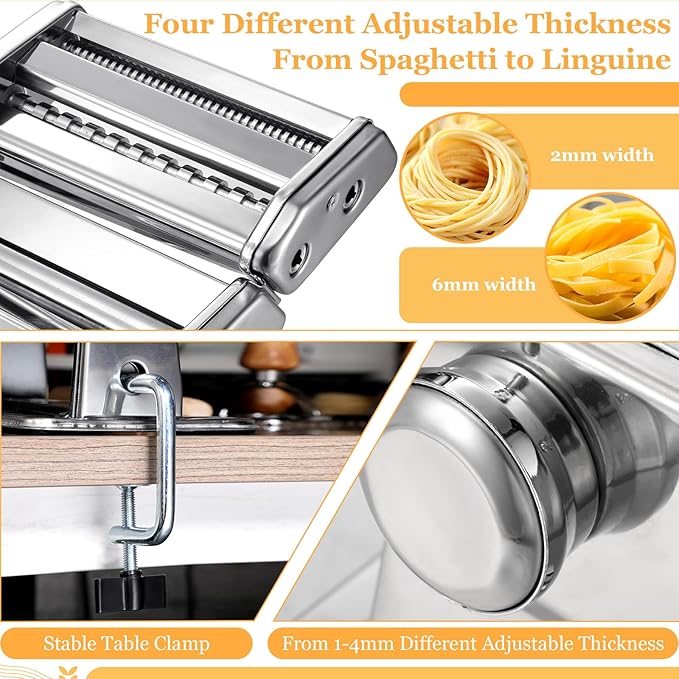 Hushee 8 Pcs Pasta Maker Machine Set Including Stainless Steel Noodle Maker Machine Wood Pasta Drying Rack Ravioli Stamp Maker Cutter with Pasta Cutter Wheel Mini Rolling Pin Cleaning Brush