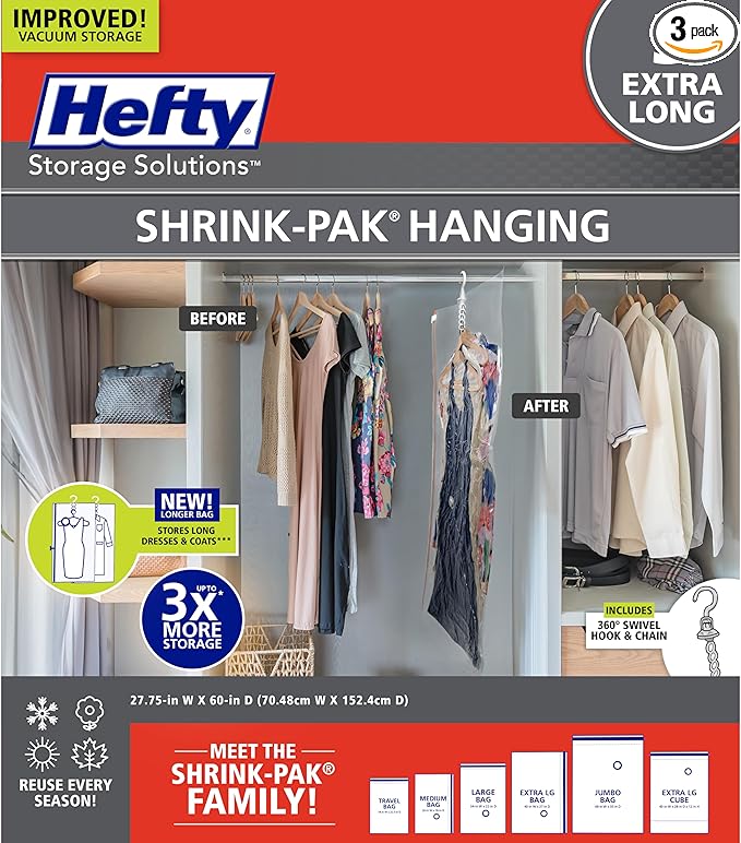 Hefty Hanging Compression Bags 3 Extra Long Vacuum Garment Storage Bags for Clothes, Travel, Closet Organization (60 X 27 Inches) (X-Large)