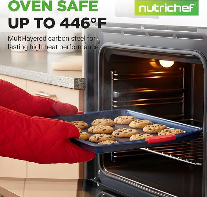 NutriChef Nonstick 3-Piece Baking Pans Set – Carbon Steel Bakeware with Blue Coating Inside & Outside and Red Silicone Handles, Durable and Reliable, Effortless Baking and Easy Cleanup (Blue)