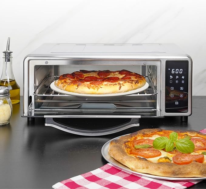 Kalorik MAXX Air Fryer Pizza Oven with Stone, Turbo-Heat Technology Up To 600F Featuring Touchscreen Controls with 6 Preset Functions Fits 12-Inch Pizzas, 1700-Watts, Stainless Steel