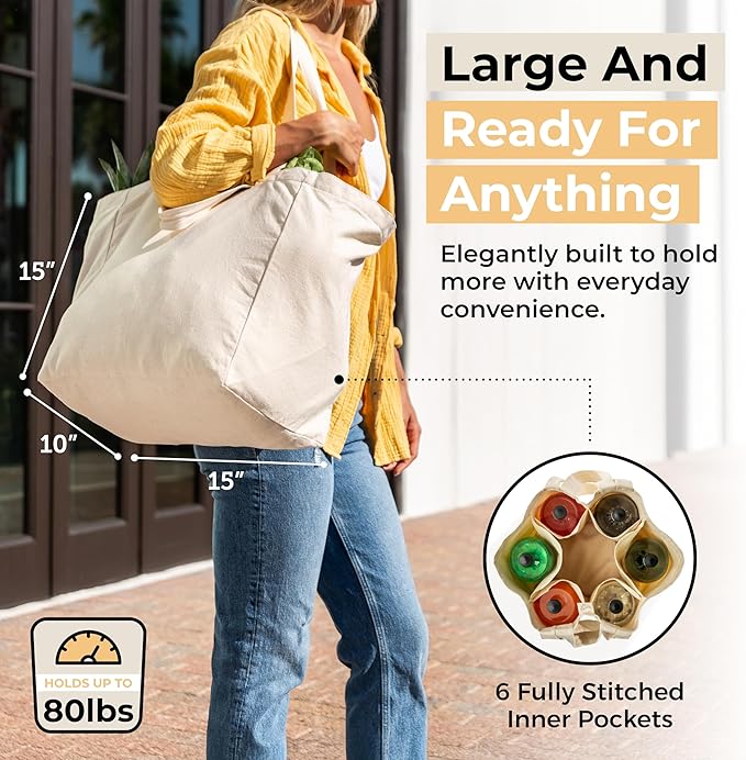 VeraMia Canvas Grocery Bag 3pc XL Set with Real Pockets, Long Shoulder Strap and Short Handle. Heavy Duty, Foldable, Washable
