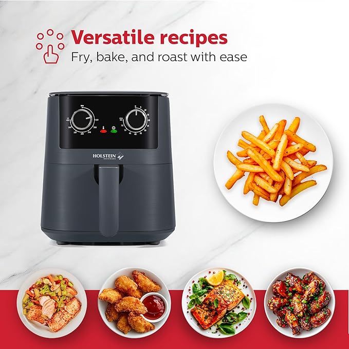 Holstein Housewares 4.4QT Air Fryer. Your All-in-One Culinary Solution. Air fry, roast, bake or grill. Adjustable temperature and time, Hot air technology and Dishwasher Safe, 1400W, Grey