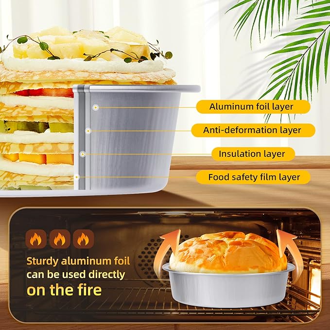 Beasea Mini Ramekins with Lids, 50 Pack 4 Inch 8oz Disposable Aluminum Foil Cake Baking Tins Pans Creme Brulee Tart Pie Tins Silver Small Individual Round Containers Oven Safe for Baking