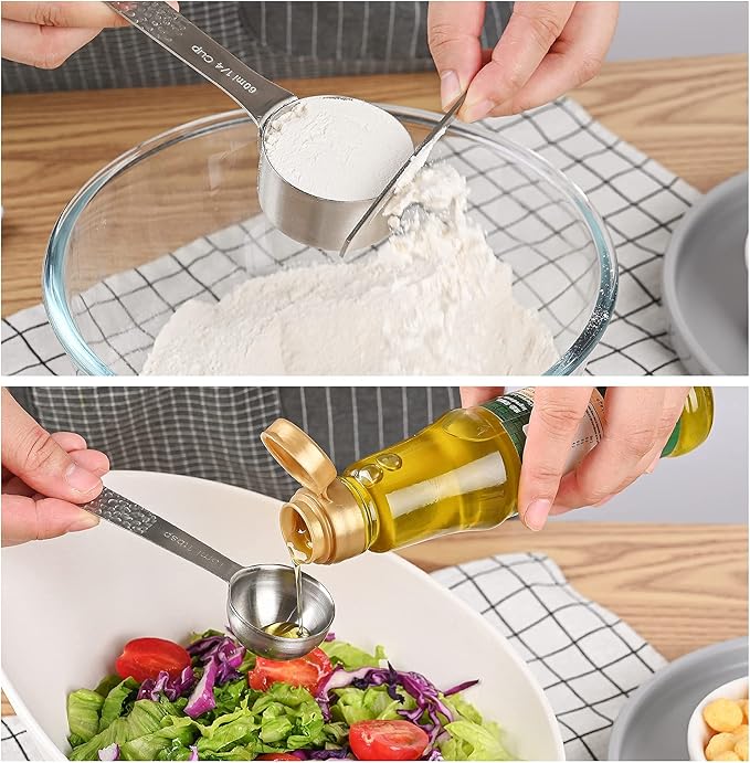 Measuring Cups and Spoons Set, 18/8 Stainless Steel Measuring Cups and Spoons Set of 16pcs, Metal Measuring Cup and Measuring Spoon Set With Leveler and Equivalents Dry 2/3 & 3/4 Cup Measuring Cup Set