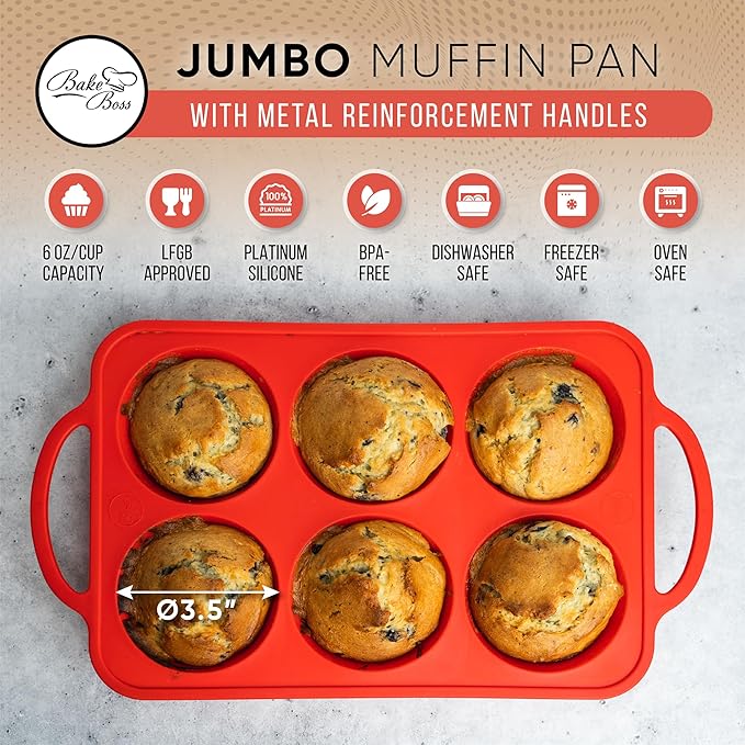 BAKE BOSS Silicone Jumbo Muffin Pan 6 Cup–Non-Stick Cupcake Pans for Baking, Heavy-Duty Large Silicone Muffin Pans for Baking, BPA-Free, Easy-Release, Oven & Dishwasher Safe