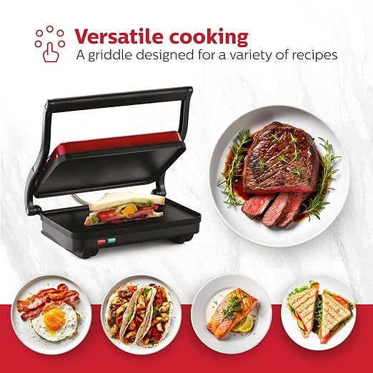 Holstein Housewares 2-Slice Electric Griddle, Non-Stick Sandwich Maker with Adjustable Temperature, Cool-Touch Handle, Metallic Red
